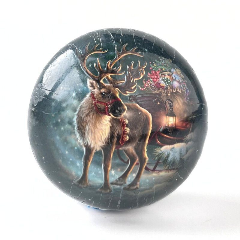 Paper mâché Christmas bauble gift box with nostalgic reindeer sleigh design