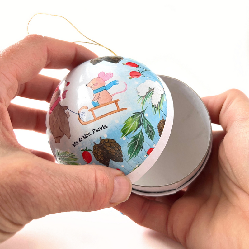 Fillable paper mâché Christmas bauble gift boxes with nostalgic children’s holiday scenes, handmade in Germany