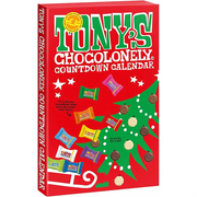 Tony's Chocolonely Dutch Chocolate Advent Calendar filled with 24 individually wrapped Belgian chocolates in 10 Fairtrade flavours.