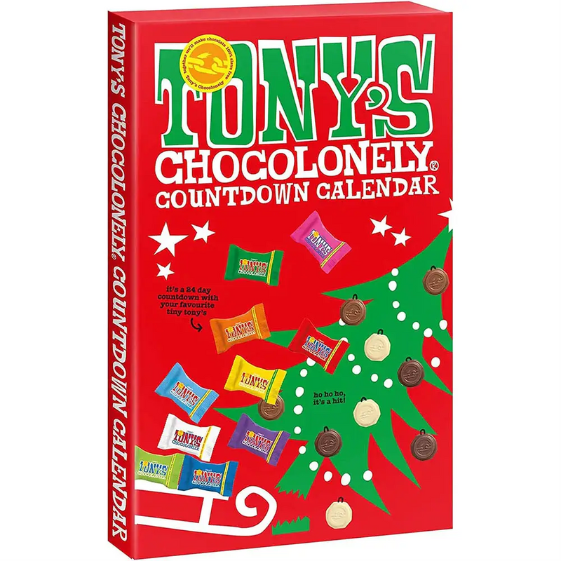 Tony's Chocolonely Dutch Chocolate Advent Calendar filled with 24 individually wrapped Belgian chocolates in 10 Fairtrade flavours.