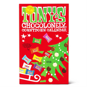 Tony's Chocolonely Dutch Chocolate Advent Calendar filled with 24 individually wrapped Belgian chocolates in 10 Fairtrade flavours.