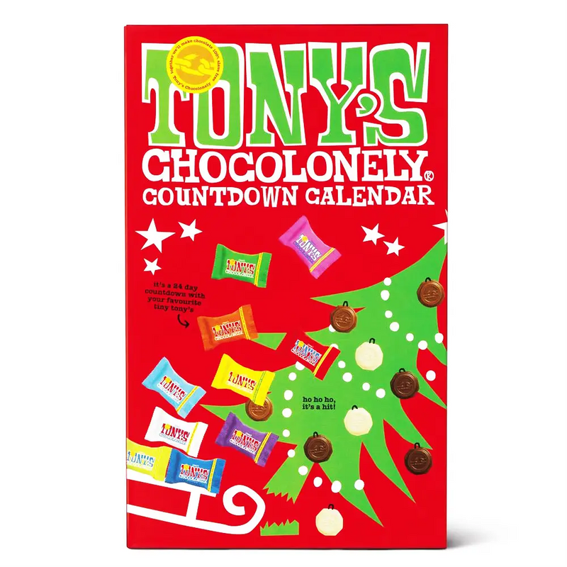 Tony's Chocolonely Dutch Chocolate Advent Calendar filled with 24 individually wrapped Belgian chocolates in 10 Fairtrade flavours.