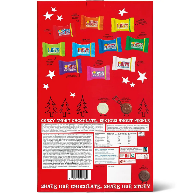 Tony's Chocolonely Dutch Chocolate Advent Calendar filled with 24 individually wrapped Belgian chocolates in 10 Fairtrade flavours.