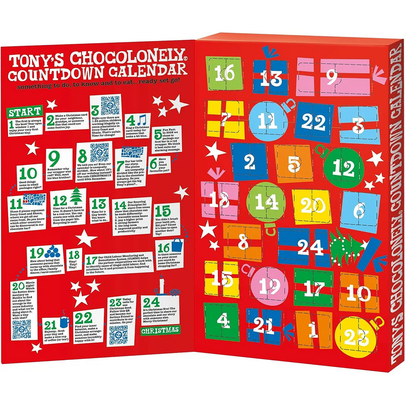 Tony's Chocolonely Dutch Chocolate Advent Calendar filled with 24 individually wrapped Belgian chocolates in 10 Fairtrade flavours.
