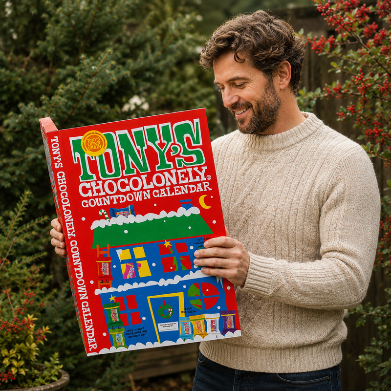Tony's Chocolonely Dutch Chocolate Advent Calendar filled with 24 individually wrapped Belgian chocolates in 10 Fairtrade flavours.