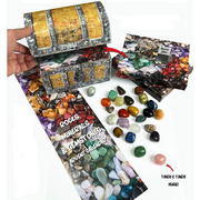 Gemstone Treasure Box Advent Calendar with 24 real polished gemstones hidden behind numbered doors in a pirate-style keepsake chest.