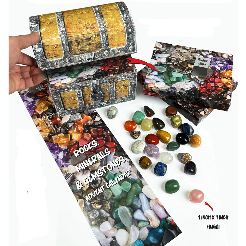 Gemstone Treasure Box Advent Calendar with 24 real polished gemstones hidden behind numbered doors in a pirate-style keepsake chest.