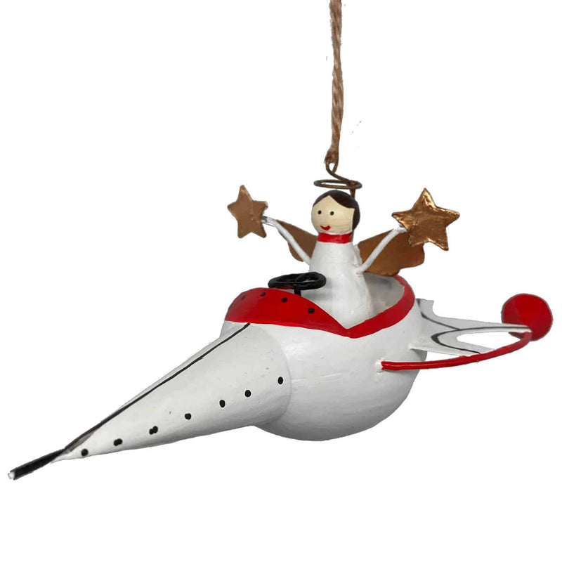 Handmade tin Angel in Rocket Ship Christmas ornament, designed in Denmark and handcrafted in the Philippines.
