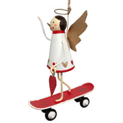 Handmade tin Angel on Skateboard Christmas ornament, designed in Denmark and handcrafted in the Philippines.