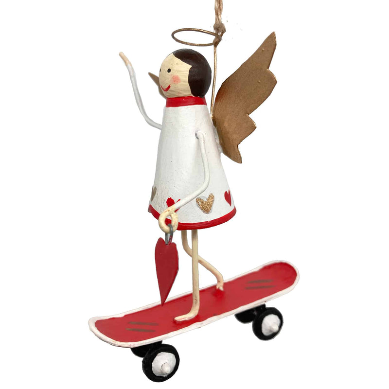 Handmade tin Angel on Skateboard Christmas ornament, designed in Denmark and handcrafted in the Philippines.