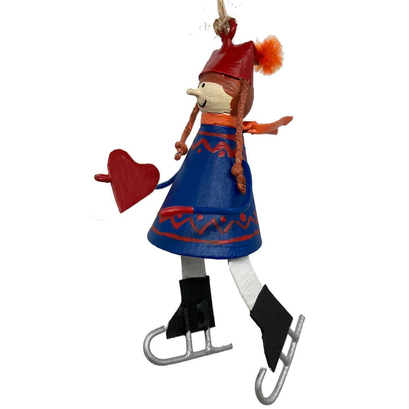 Handmade tin Child on Ice Skates with Heart Christmas ornament wearing a winter scarf, designed in Denmark and handcrafted in the Philippines.