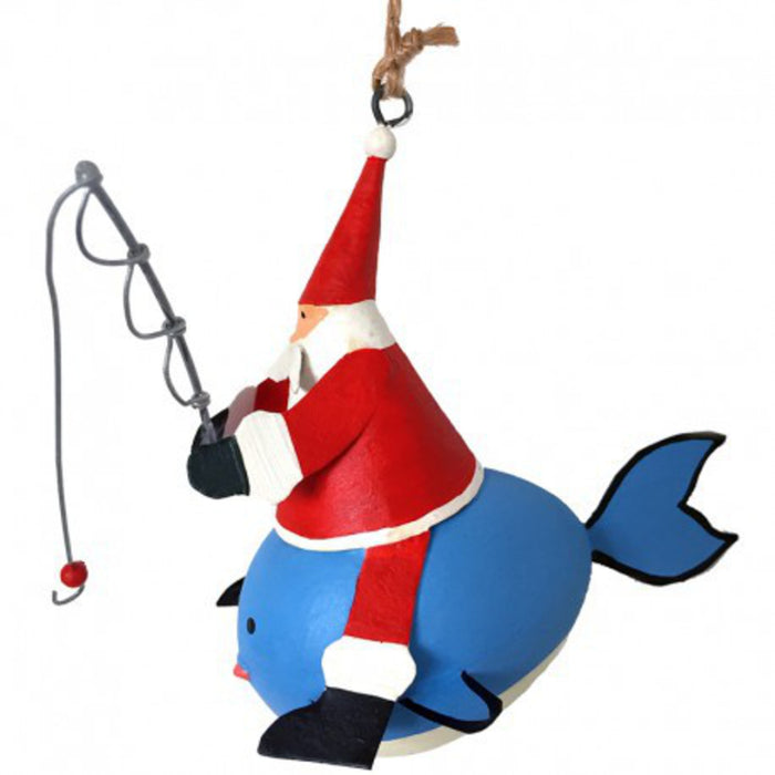 Gingerbread World European Christmas Market - Whimsical Handmade Metal Ornaments - Santa fishing while sitting on a whale Lea085