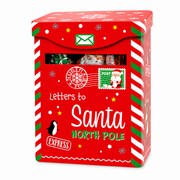 Windel "Letters to Santa" Christmas mailbox gift tin filled with European chocolates and fruit gummies.