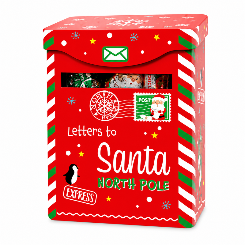 Windel "Letters to Santa" Christmas mailbox gift tin filled with European chocolates and fruit gummies.