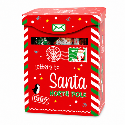 Windel "Letters to Santa" Christmas mailbox gift tin filled with European chocolates and fruit gummies.