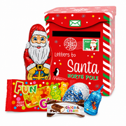 Windel "Letters to Santa" Christmas mailbox gift tin filled with European chocolates and fruit gummies.