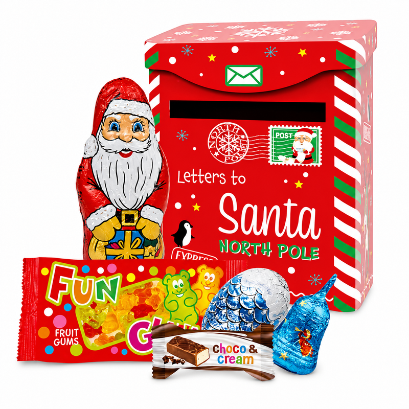Windel "Letters to Santa" Christmas mailbox gift tin filled with European chocolates and fruit gummies.
