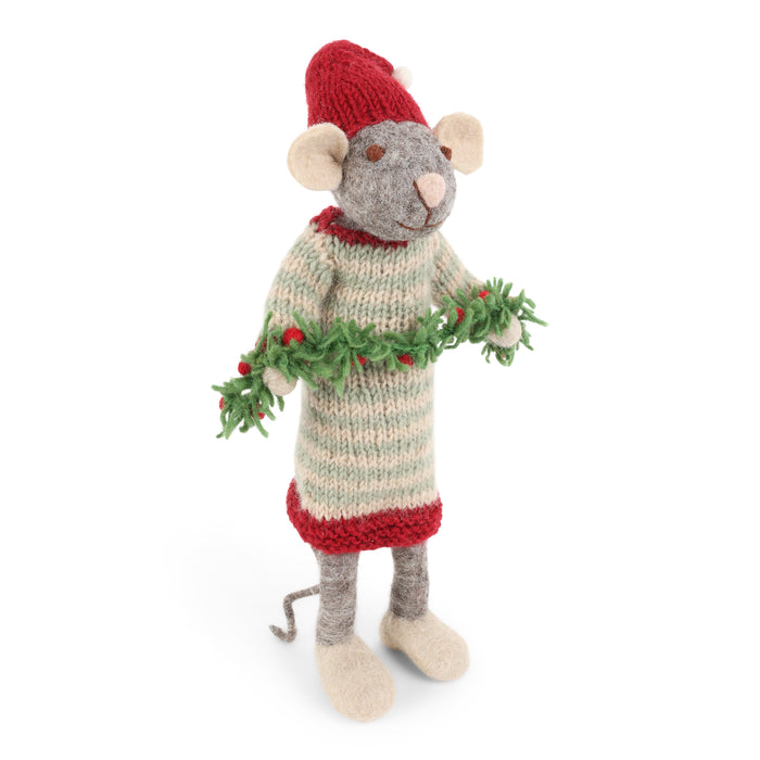 Gingerbread World European Christmas Market En Gry and Sif Scandinavia Felted Wool Ornament Big Grey Mouse with Garland 80624