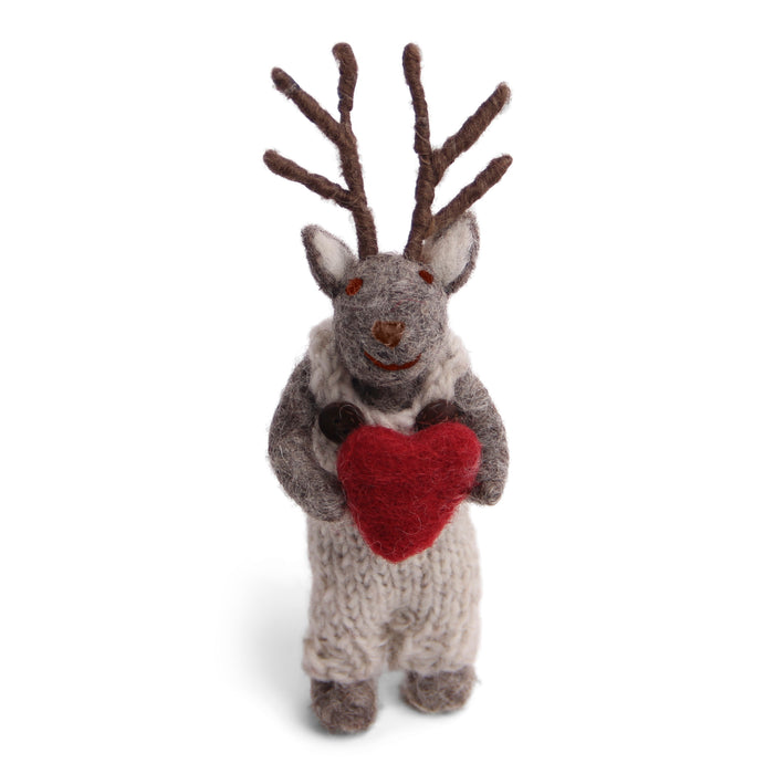 Gingerbread World European Christmas Market En Gry and Sif Scandinavia Felted Wool Ornament Grey Deer Figure with Heart 25122