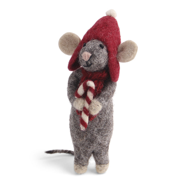 Gingerbread World European Christmas Market En Gry and Sif Scandinavia Felted Wool Ornament Grey Mouse with Candy Cane 10721