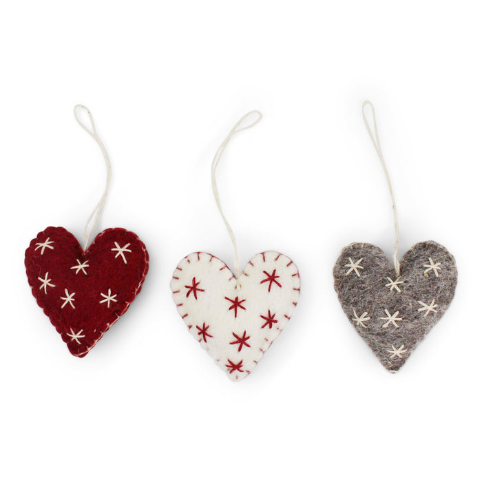 Gingerbread World European Christmas Market En Gry and Sif Scandinavia Felted Wool Ornaments Hearts with Stars Set of 3 13723