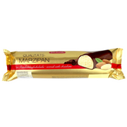 Schluckwerder German marzipan loaf coated in dark chocolate, wrapped in festive red and gold foil, 500 g.