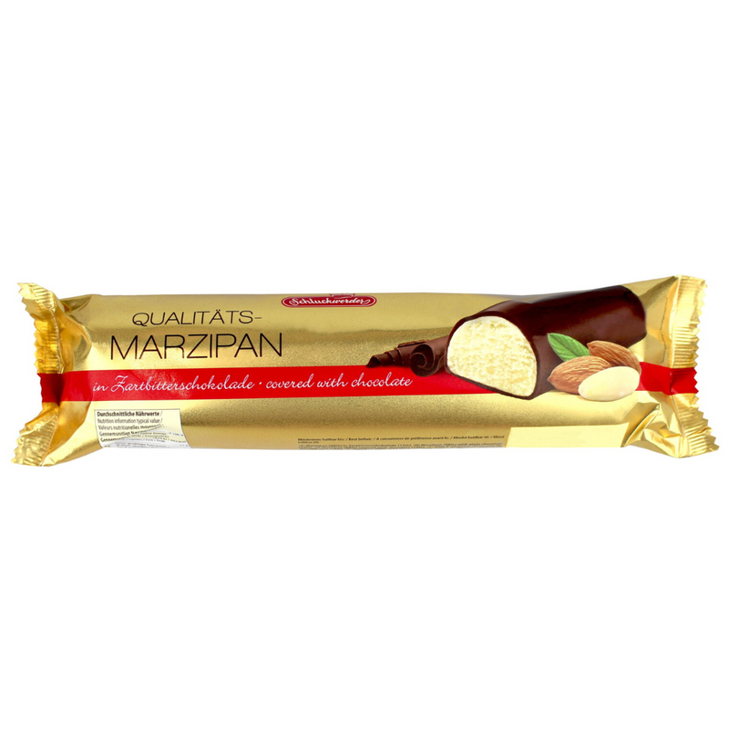 Schluckwerder German marzipan loaf coated in dark chocolate, wrapped in festive red and gold foil, 500 g.