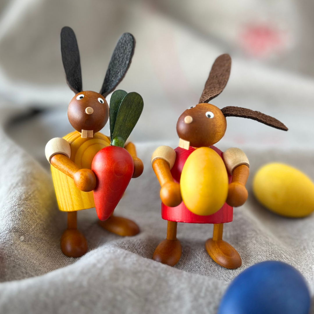 Gingerbread World European Easter Market - Drechslerei Martin Wooden Figures - Bunny with Carrot and Bunny with Large Easter Egg