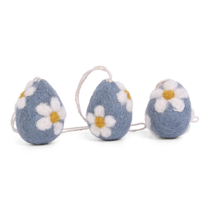 Gingerbread World European Easter Market - Felted wool Hanging Ornament - Blue Easter Eggs with White Flower