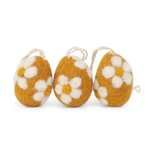 Gingerbread World European Easter Market - Gry and Sif Felted Wool Ornaments - Easter Eggs Set of 3 Yellow White Flower 15314