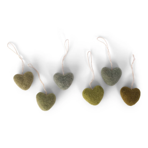 Gingerbread World European Market - Gry and Sif Felted Wool Ornaments - Mini Hearts in shades of green