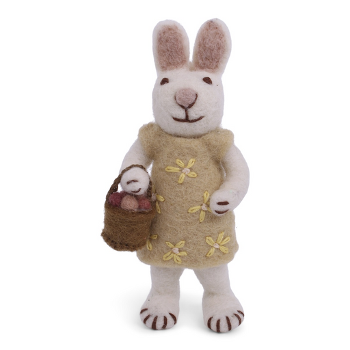 Gingerbread World European Easter Market - White Bunny figure with Yellow Dress & Egg Basket