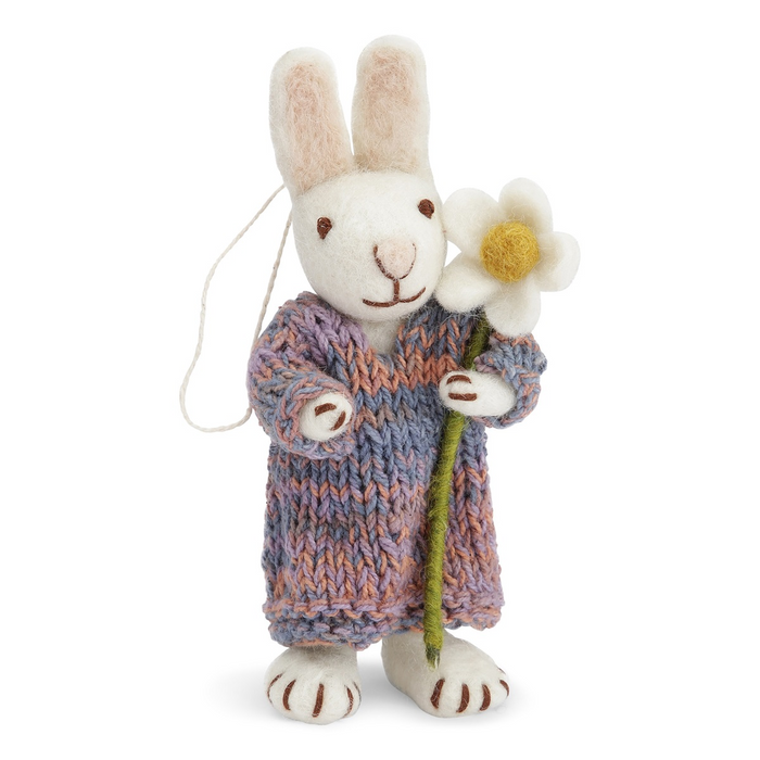 Gingerbread World European Easter Market - White Bunny with Multi colorful Dress and Marguerite Flower