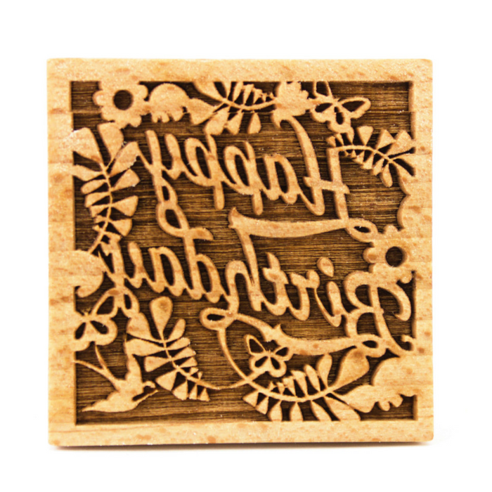 Gingerbread World European Market - Folkroll Engraved Wooden Cookie Stamp - Happy Birthday