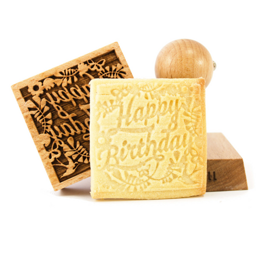 Gingerbread World European Market - Folkroll Engraved Wooden Cookie Stamp - Happy Birthday
