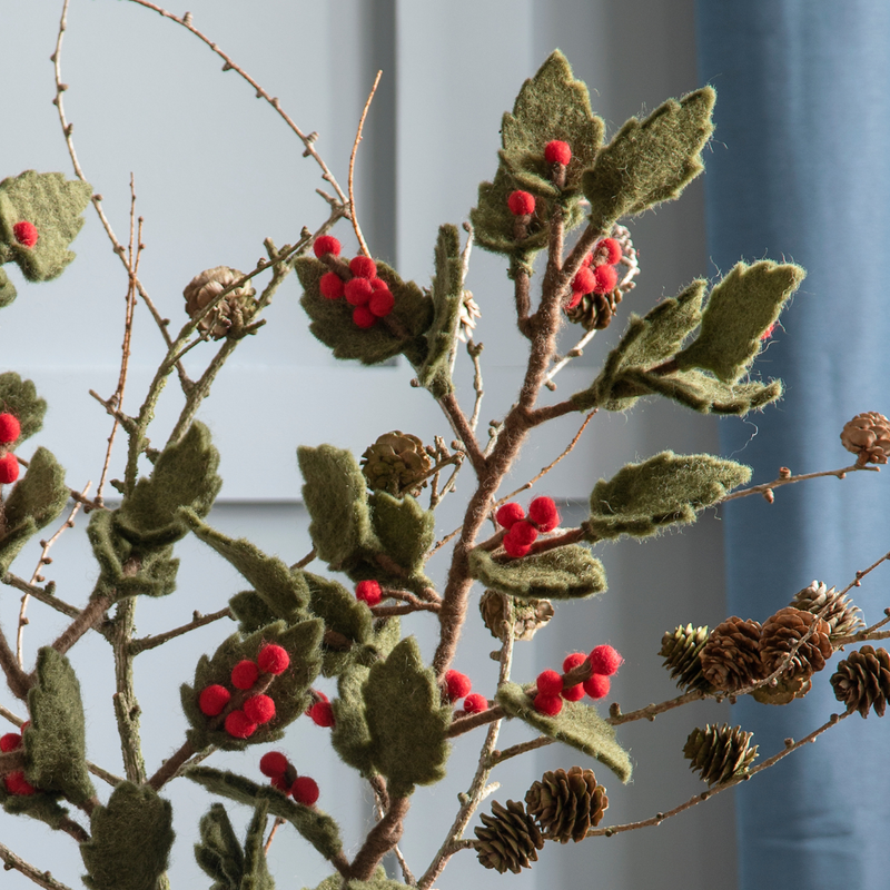 Gingerbread World European Market - Gry and Sif Felted Wool Berry Branch - Red Berries on Holly Branch 10523