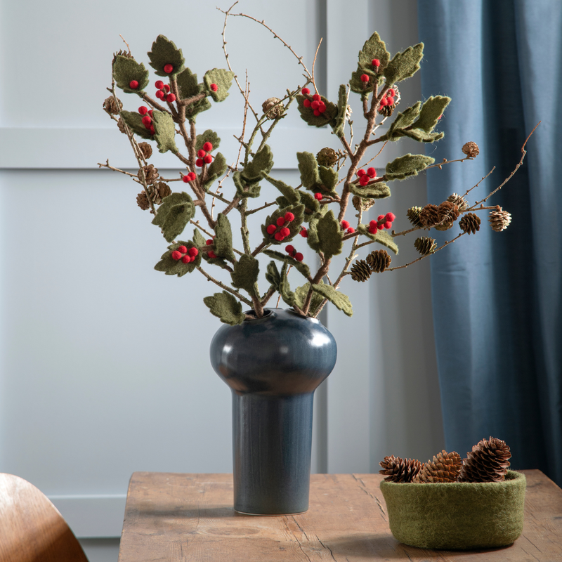 Gingerbread World European Market - Gry and Sif Felted Wool Berry Branch - Red Berries on Holly Branch 10523
