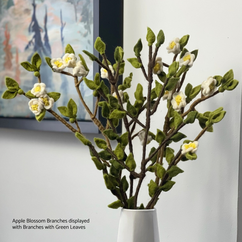 Gingerbread World European Market - Gry and Sif Felted Wool Florals - Branch with Green Leaves and Apple Blossom Branch in vase