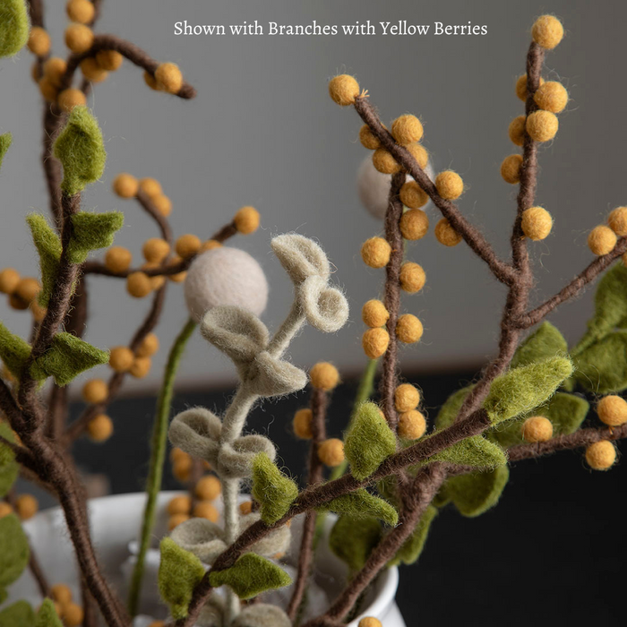 Gingerbread World European Market - Gry and Sif Felted Wool Florals - Round Leaf 14219 shown with yellow berry branches