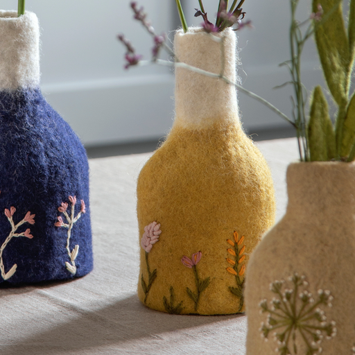 Gry & Sif Felted Wool Vase with Embroidered Flowers, Ochre 13933