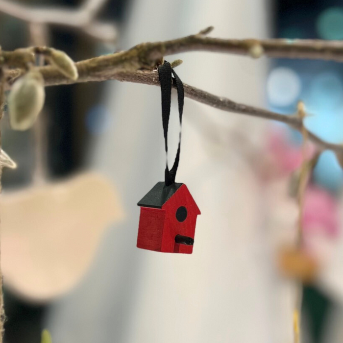 Gingerbread World European Market - Larssons Tra Handcrafted Wood Folk Art from Sweden - Bird House ornament - red hanging on branch