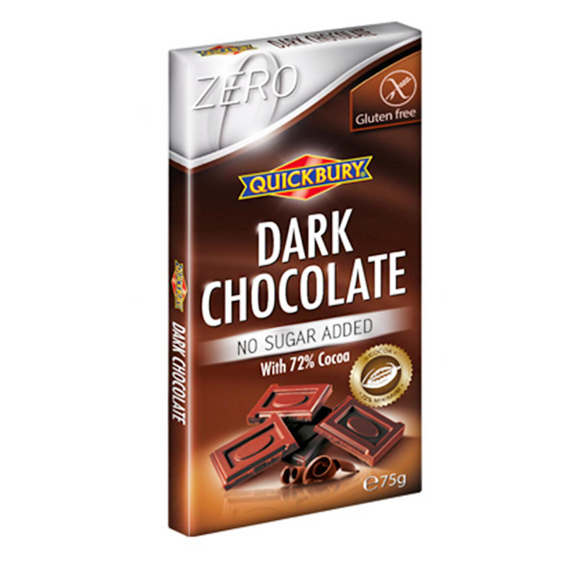Quickbury sugar-free 72% dark chocolate bar made in Switzerland with no sugar added.