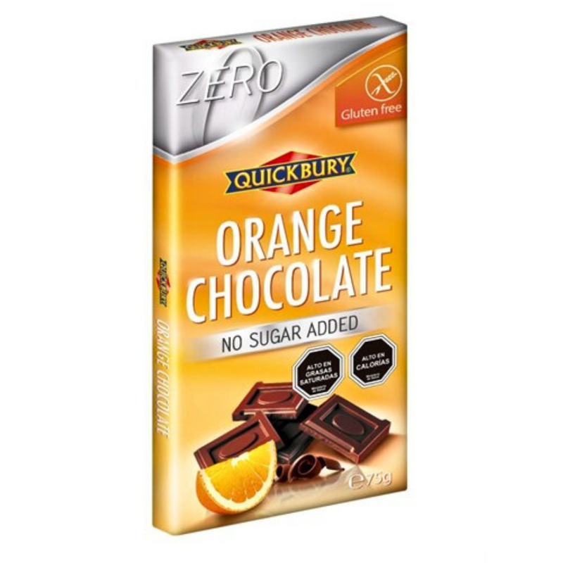 Quickbury sugar-free dark chocolate bar with orange flavour, made in Switzerland with no sugar added.