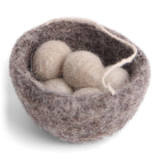 Gingerbread World European Market – En Gry and Sif Felted Wool Uniques – Bird Nest Ornament grey with white eggs - 11111