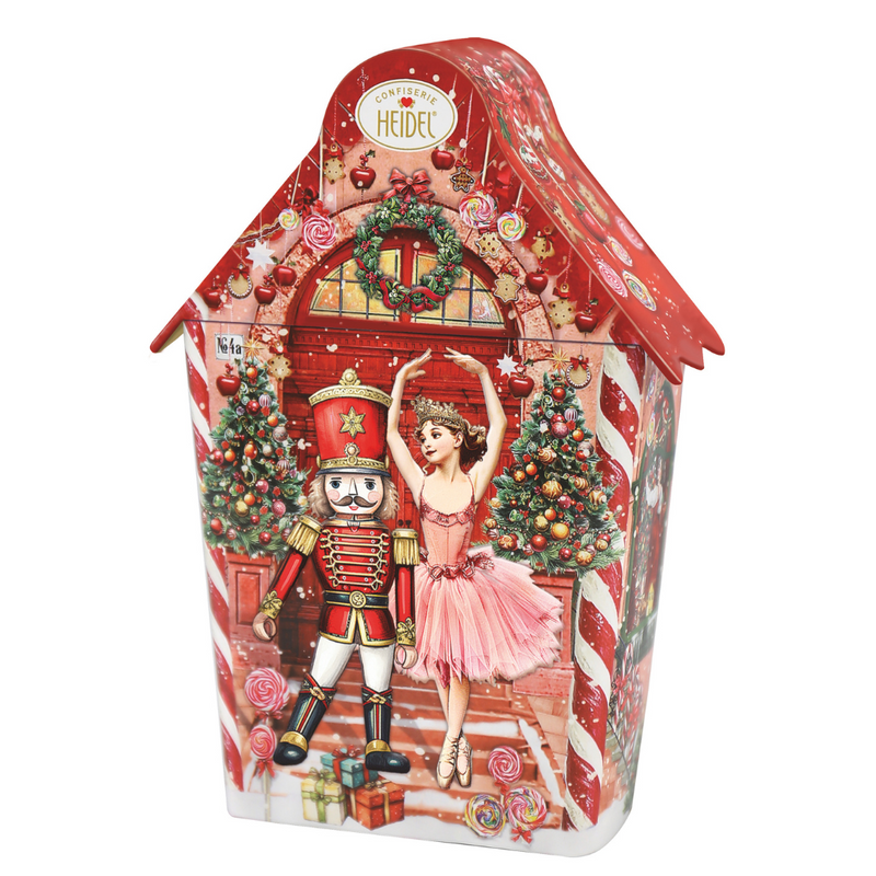 Heidel Fairy Tale Christmas Cottage chocolate gift tin with Nutcracker and ballerina design containing four German milk chocolate bars.