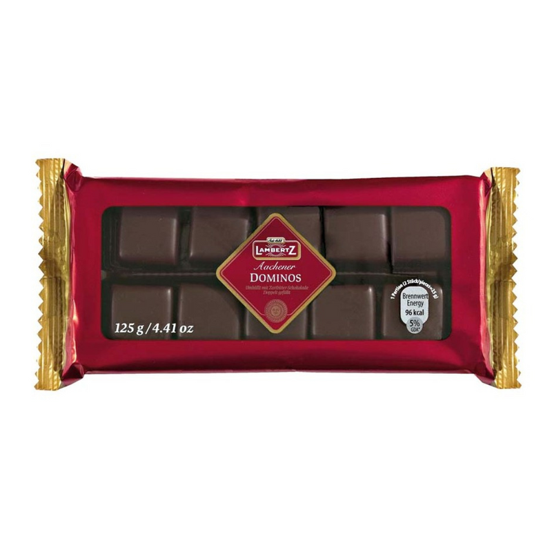 Lambertz Aachener Dominos (Dominosteine) with layers of German gingerbread, fruit jelly, persipan and dark chocolate.