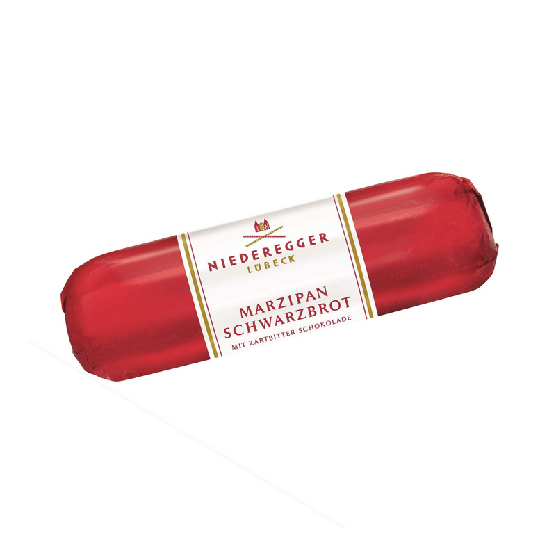 Niederegger Lübeck Marzipan Loaf in Dark Chocolate (Marzipan Brot) wrapped in signature red foil and imported from Germany.