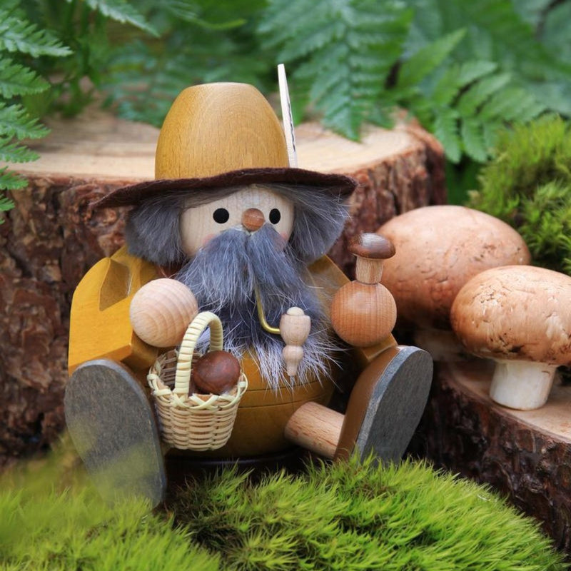 Gingerbread World German Christmas Market - Richard Glaesser Incense Smoker Figure - Wood Gnome with Mushroom Basket, Sitting 26479