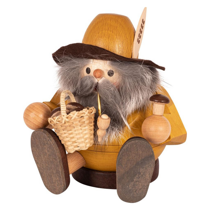 Gingerbread World German Christmas Market - Richard Glaesser Incense Smoker Figure - Wood Gnome with Mushroom Basket, Sitting 26479