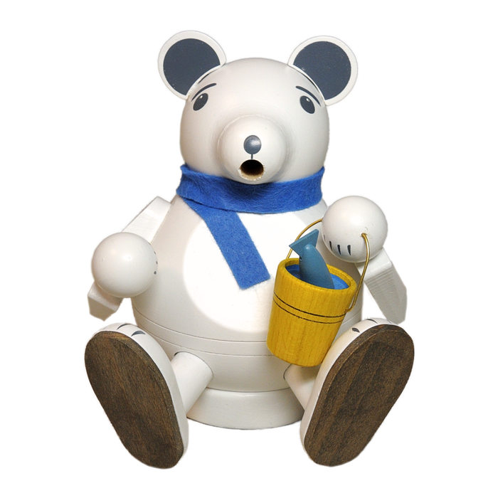 Handcrafted Richard Glässer German polar bear incense smoker with a blue scarf and bucket of freshly caught fish, made in Seiffen, Germany.